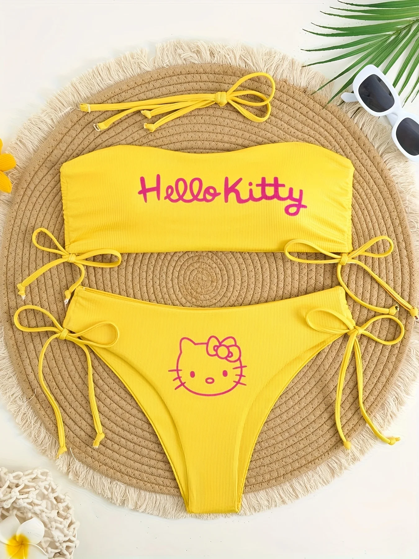 

Hello Kitty Yellow Bandeau Bikini Set for Women Tie Side Ribbed Swimsuit Summer Beach Bathing Suit