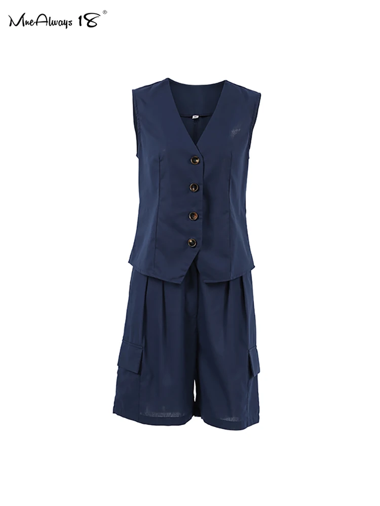 Mnealways18 Navy Blue Cotton Linen Shorts Suits 2 Pieces Casual Sets Women Blazers Vest And Pockets Shorts Summer 2024 Two Piece