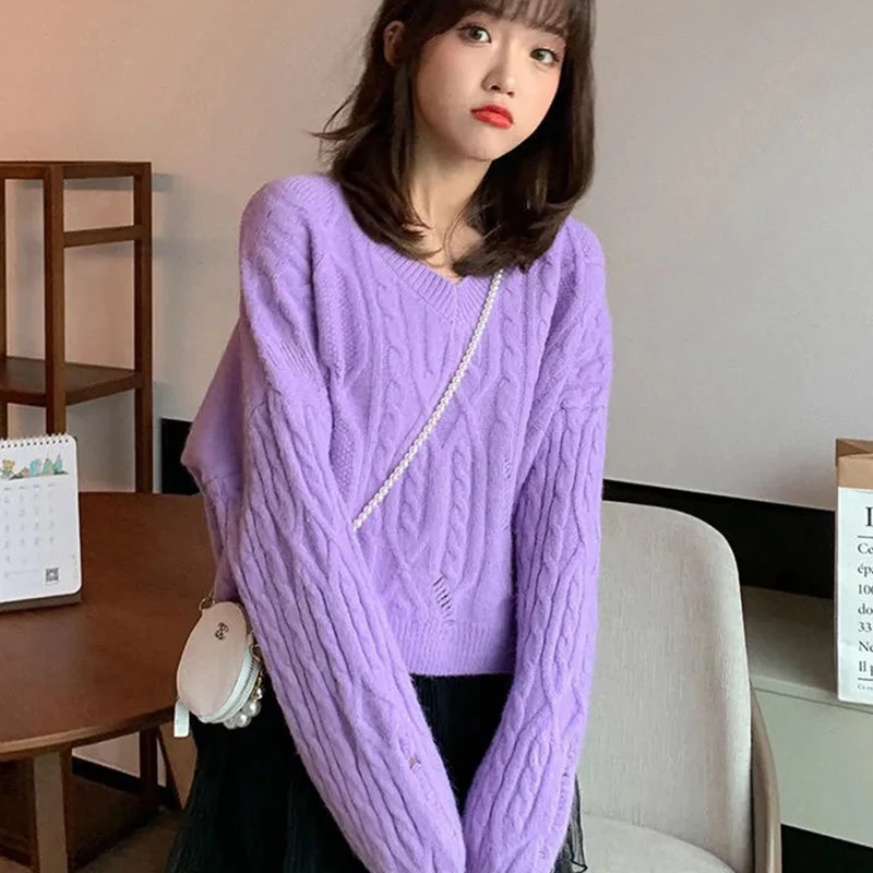 Szykowny sweter z dekoltem w szpic Kobiety Jesień Zima Luźne swetry z długim rękawem Koreańska moda Krótkie swetry damskie w jednolitym kolorze