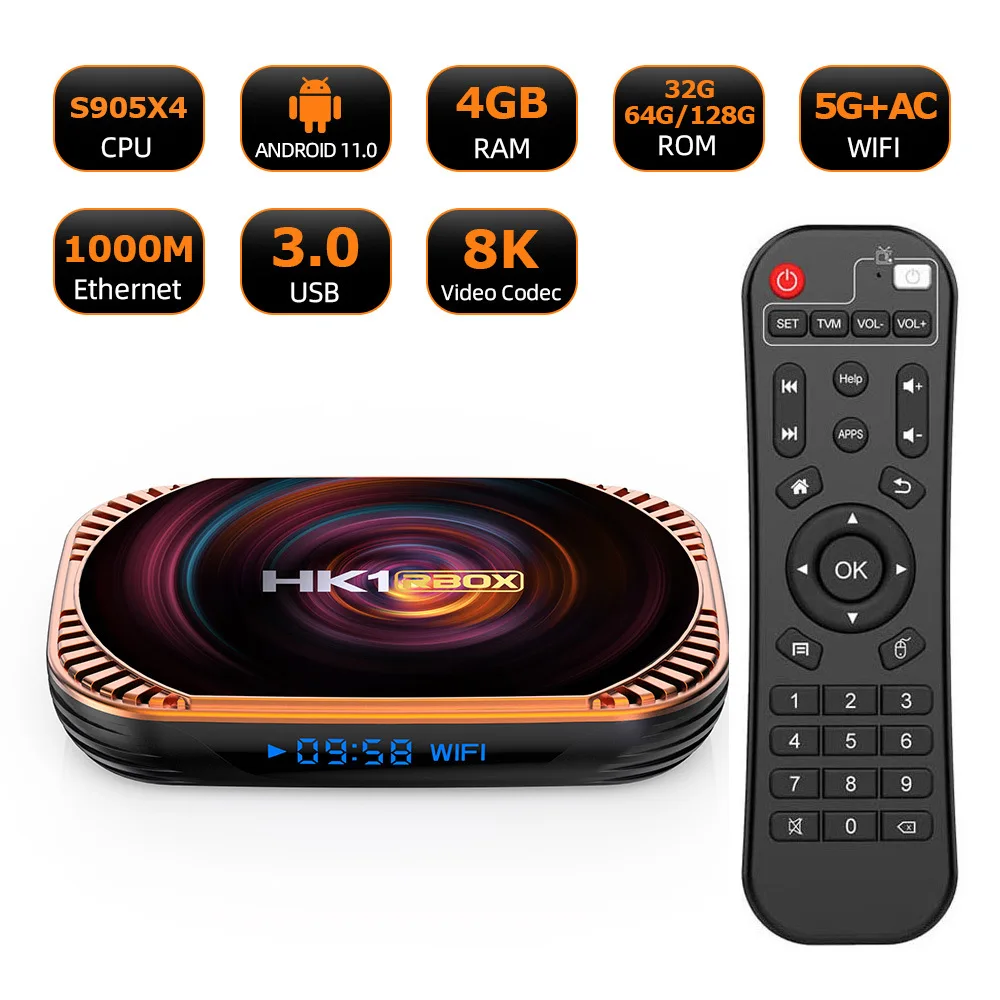 HK1 RBOX X4 Android 11 TV Box Amlogic S905X4 4GB 128GB 1000M 8K 3D 2.4G&5G Dual Wifi Media Player Set Top Box