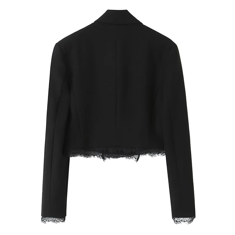 YENKYE New 2026 Women Lace Patchwork Black Crop Blazer Front Double-breasted Long Sleeve Fashion Suit Jacket