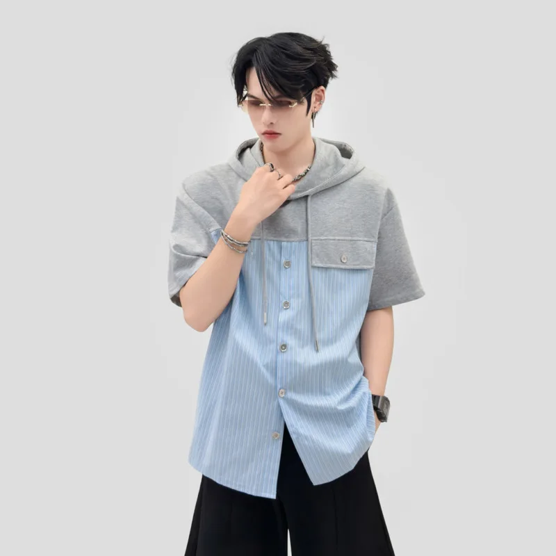 WVGA Summer New Men's High-end Color-blocked Hooded Sweatshirt Versatile Short Sleeved T-shirt Niche Chic Casual Tops Ins W27181