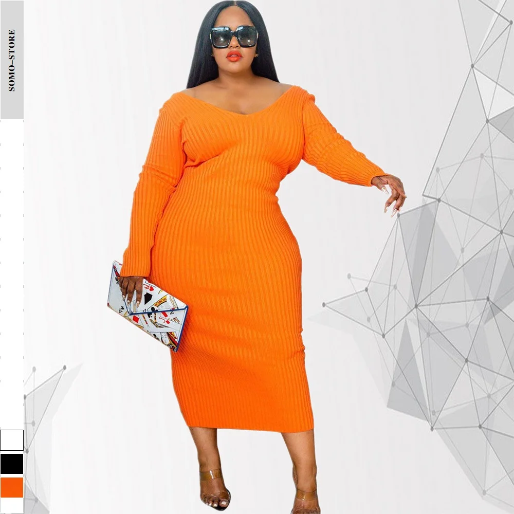 Sexy Fall Plus Size Women's Clothing Casual Fashion V Neck Big Pit Strip Solid Color Elegant Midi Dress Wholesale Dropshipping