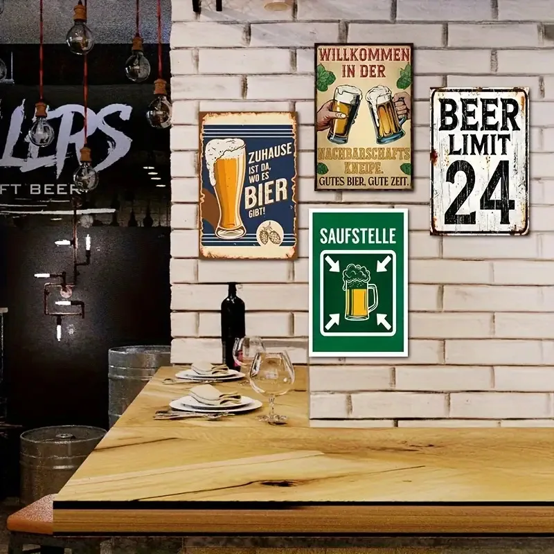 4pcs German Vintage Beer-Themed Metal Wall Sign Set - Chilled Beer Available Pub Decor, Retro Bar Signs For Man Cave, Office