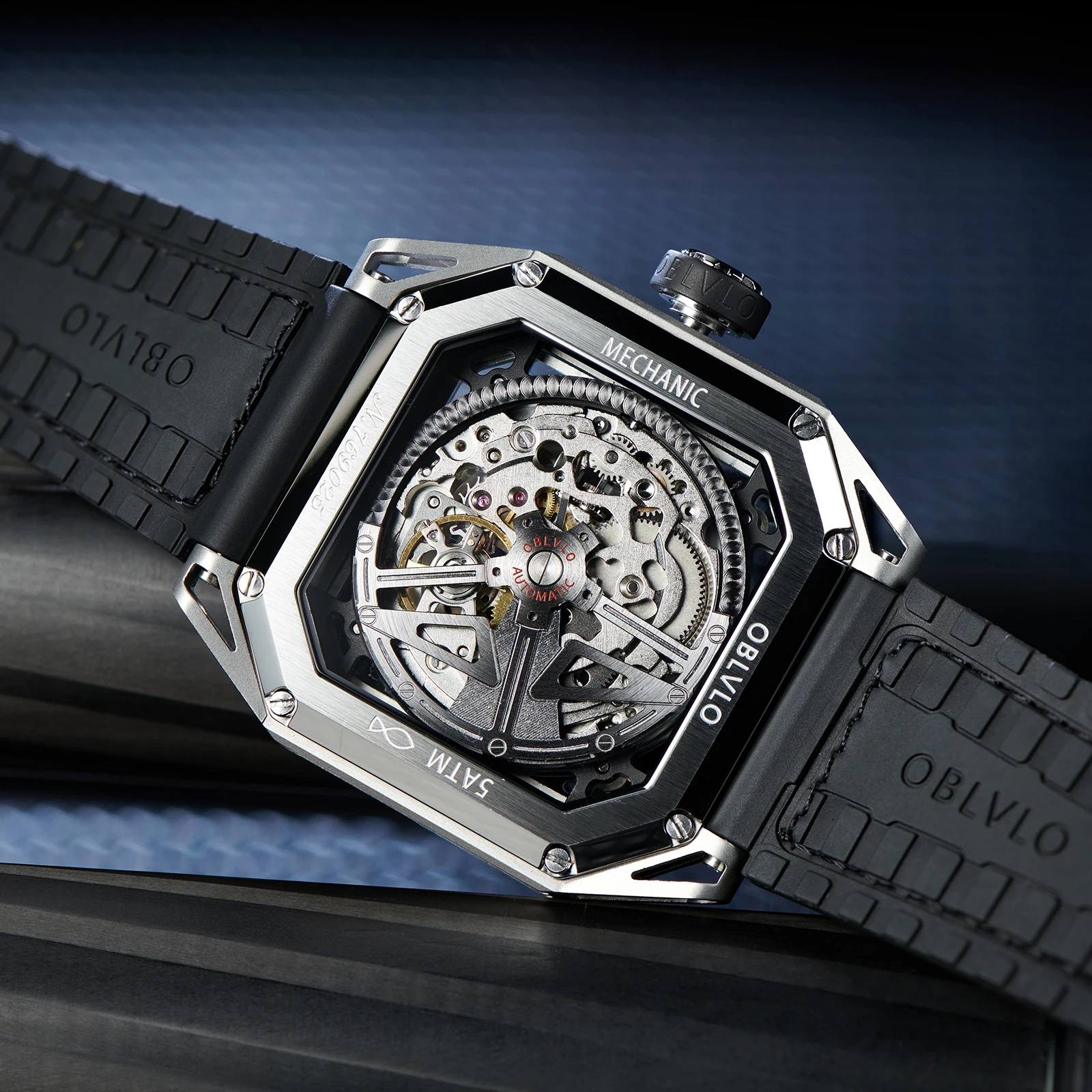 Oblvlo relógio automático masculino 44 quadrado relógio de pulso mecânico luminoso oco mostrador espelho de safira