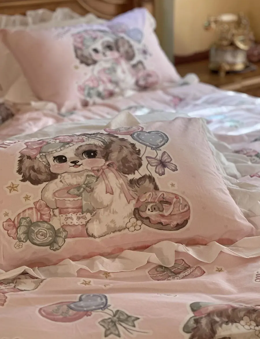 Cute cartoon dog cake bow pink blue yellow bedding set kid,twin full queen cotton home textile bed sheet pillow case quilt cover