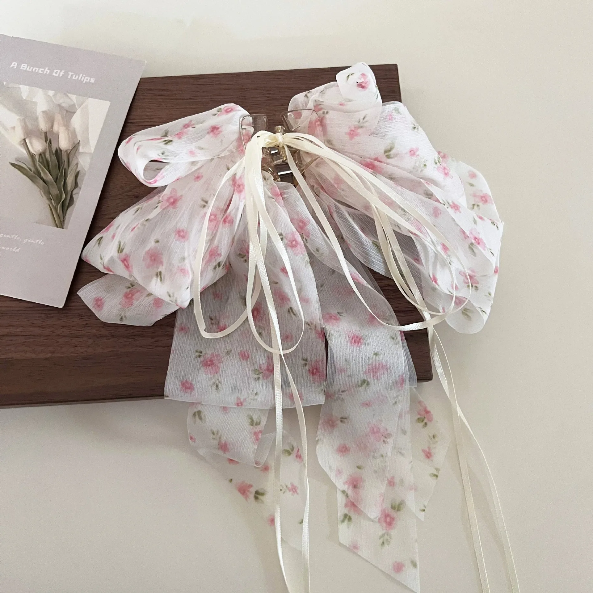 1 Stück französische Chiffon-Haarspange mit Blumenmuster, sanft und elegant, halbgebundene Haarspange, Haarspange für den oberen Teil, Haarspange für Pferdeschwanz, Haar-Accessoire – Detail 7