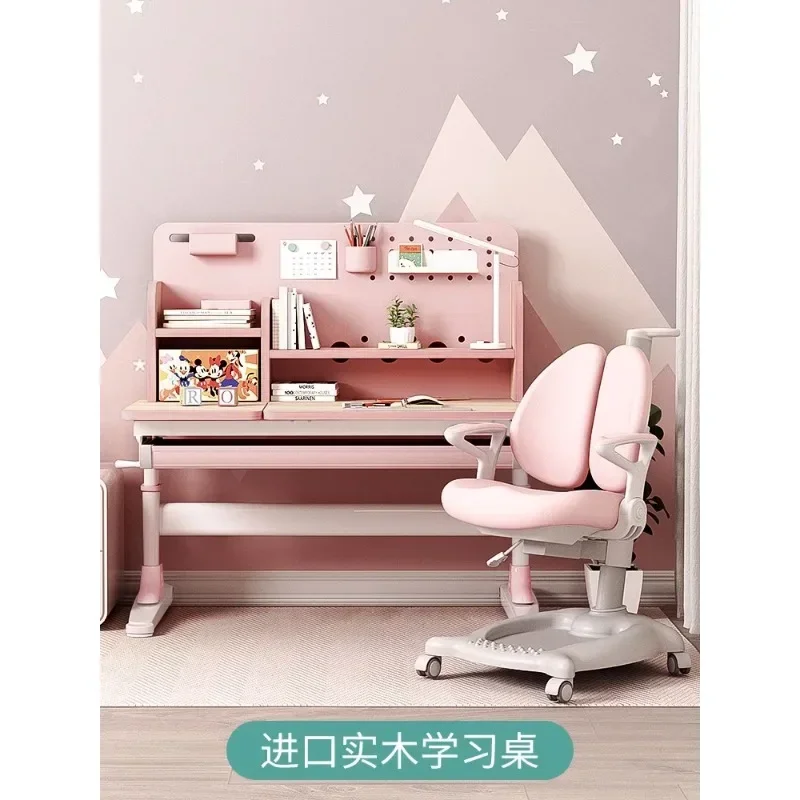 

Children's study table Primary school student desk Lifting solid wood children's desk Household girls writing table and chair