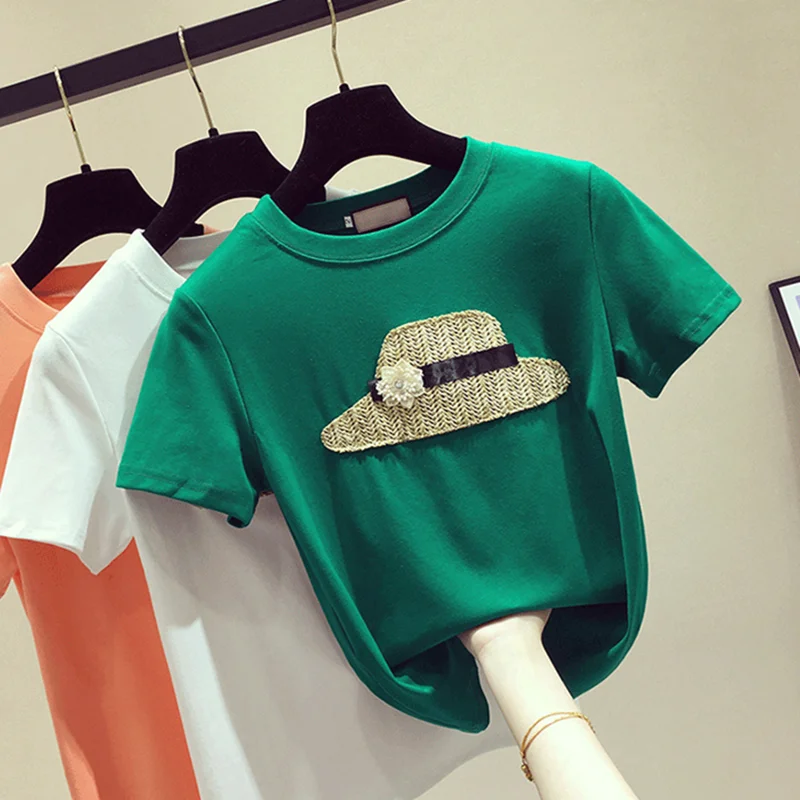 2023 Summer Women Cotton Tshirt Ladies Pattern Tee Shirts Comfortable Round Neck White Female Tops
