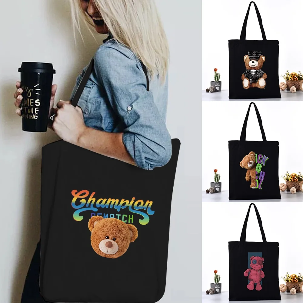 

Women Canvas Shoulder Bag Reusable Shopping Bags Ladies Bear Printing Handbags Casual Tote Grocery Storage Bag for Girls