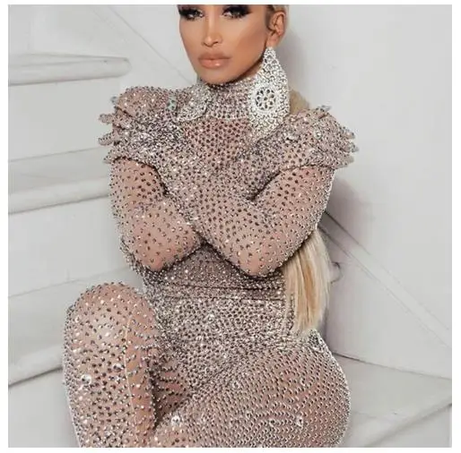 Crystal Bodysuit Stage Wear Rhinestones Leotard Pants Women Evening Jumpsuit Prom Party Birthday Sexy jewerly Dance Costume