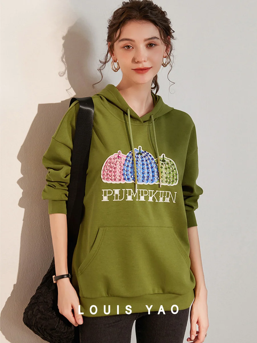 LOUIS YAO 2025 Autumn Nail Bead Craft Pattern Hoodie with Dropped Shoulder Sleeves Micro Elastic Loose Women's Hoodie