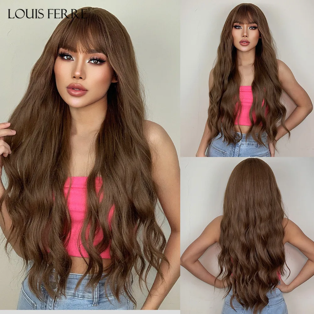 LOUIS FERRE Long Brown Wavy Wigs Synthetic Wigs Honey Brown Wig with Bangs High Temperature Fiber for Black Women Heat Resistant