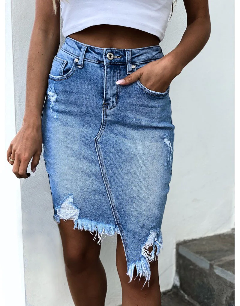 Europe and The United States Personality Broken Hole Irregular Wrap Buttock Denim Half Body Skirt for Women's Spring and Suummer