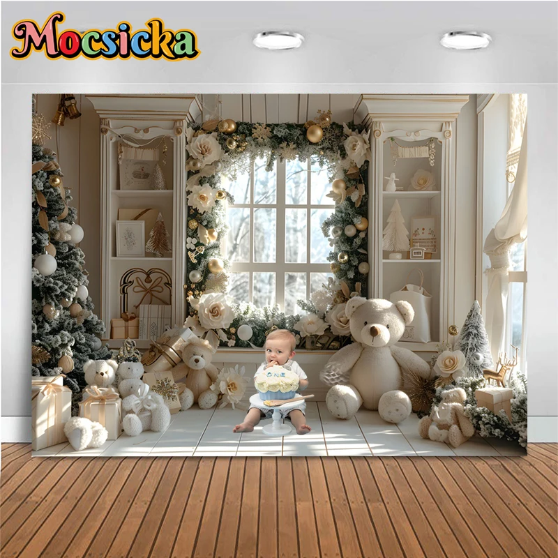 

Christmas Beige Home Backdrop Photography Rose Bear White Wall Christmas Tree Birthday Baby Photo Background Shooting Photobooth