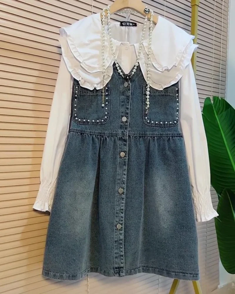 Spring and Autumn Women's Set Season New Korean Edition Simple Doll Neck Shirt Denim Age Reducing Dress Two Piece Set