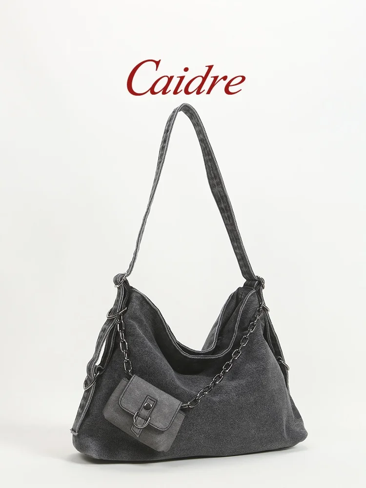 Caidre Large Capacity Canvas Tote Bag Women's Retro Denim Commuter Single Shoulder Slant Cross Bag Pure Color Casual Bag