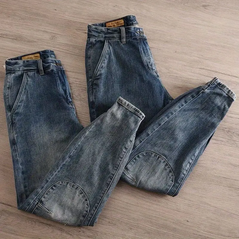 Trendy Brand 2026 Retro Patch Jeans Men's Popular Old Spring Autumn Tied Feet Men's Jeans for Men Denim Clothing Cargo Pants Men