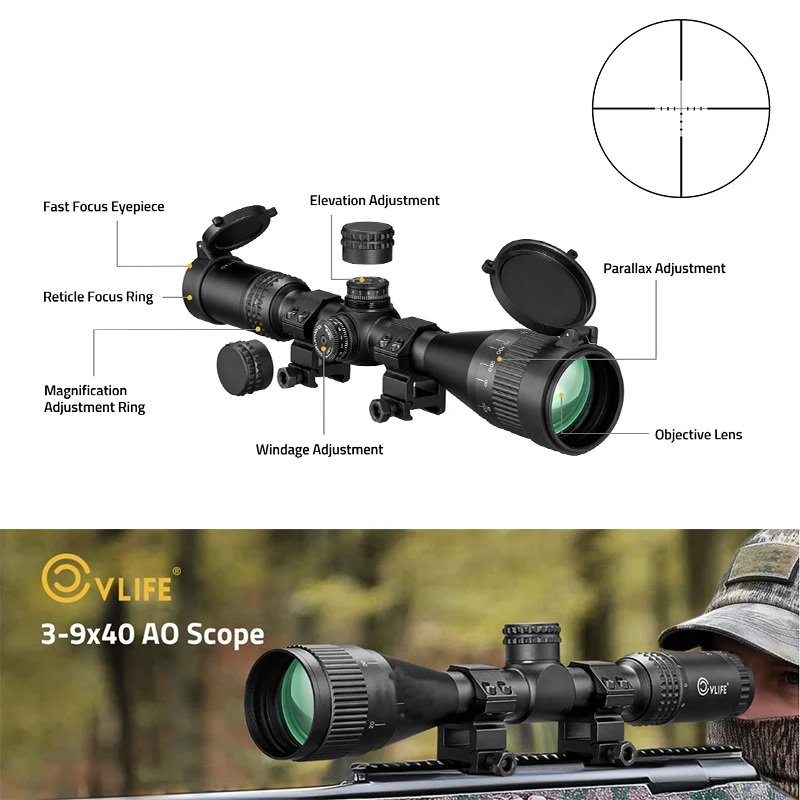 

CVLIFE 3-9x40 AO Rifle Scope Optics Riflescope SFP Sights with Parallax Adjustment for 20mm Picatinny Rail Second Focal Plane