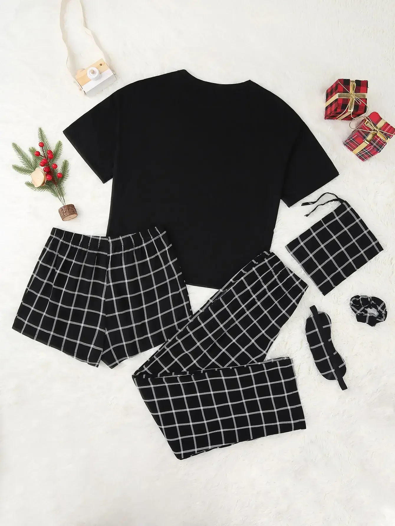 6 Pcs Women\'s Pajama Set Short Sleeves O Neck Solid Top & Plaid Shorts & Full-Length Pants Sleepwear Female Nightwear Homwaer