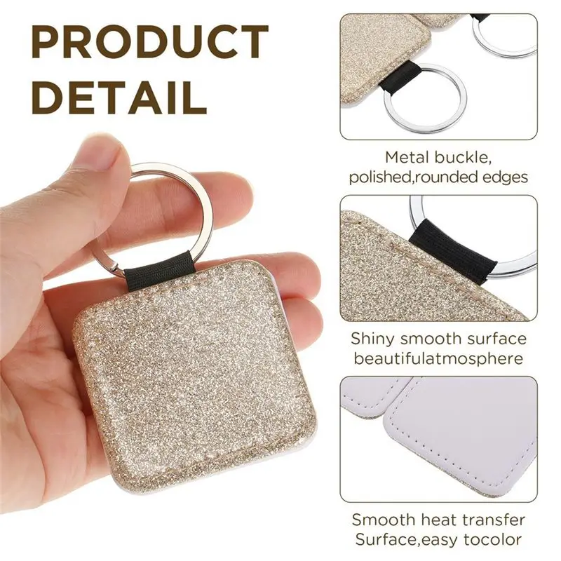 AFOURT-16 Stück Sublimationsrohlinge für Schlüsselanhänger, glitzernder PU-Leder-Schlüsselanhänger, Wärmeübertragungs-Schlüsselanhänger für DIY-Bastelarbeiten, quadratisch, langlebig – Detail 2