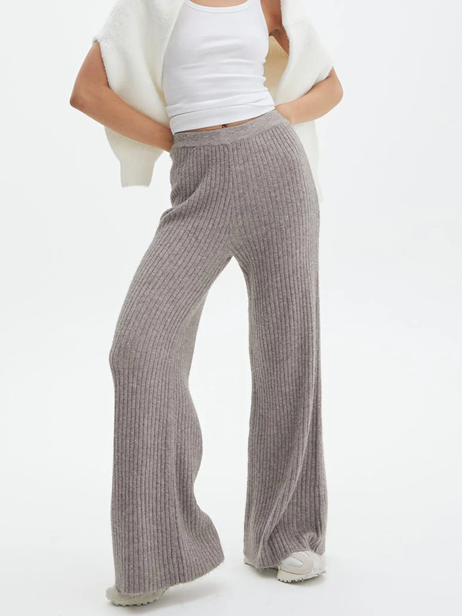 Women Knit Pants Casual Solid Color High Waist Wide Leg Long Pants Autumn Straight Leg Trousers