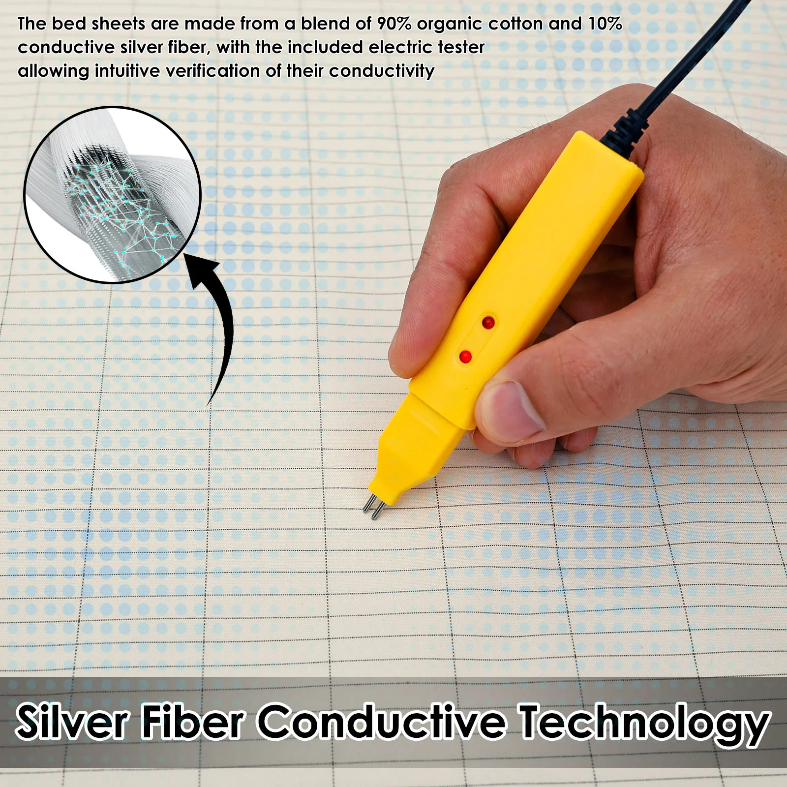 حصيرة تأريض للسرير مصنوعة من القطن العضوي بنسبة 90% وبساط سرير تأريض من الألياف الفضية 10% مع سلك وقلم اختبار للنوم