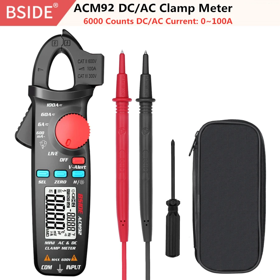 BSIDE ACM92 Digital Clamp Meter DC/AC Current 100A 0.1/1mA Car Repair Ammeter Voltage Resistance Hz V-Alert Continuity Tester