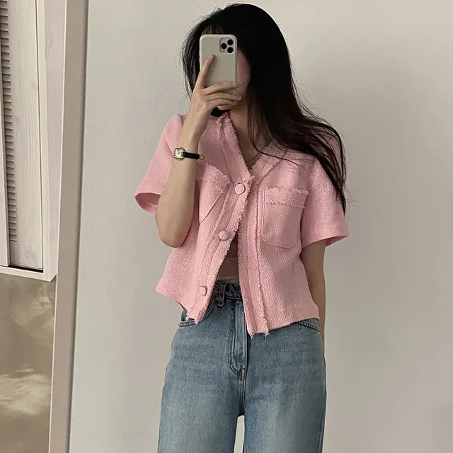 Women's Summer Elegant Tweed V Neck Short Sleeve Jacket Lady Korean Style Solid Color Single Breasted Short Outwear Top
