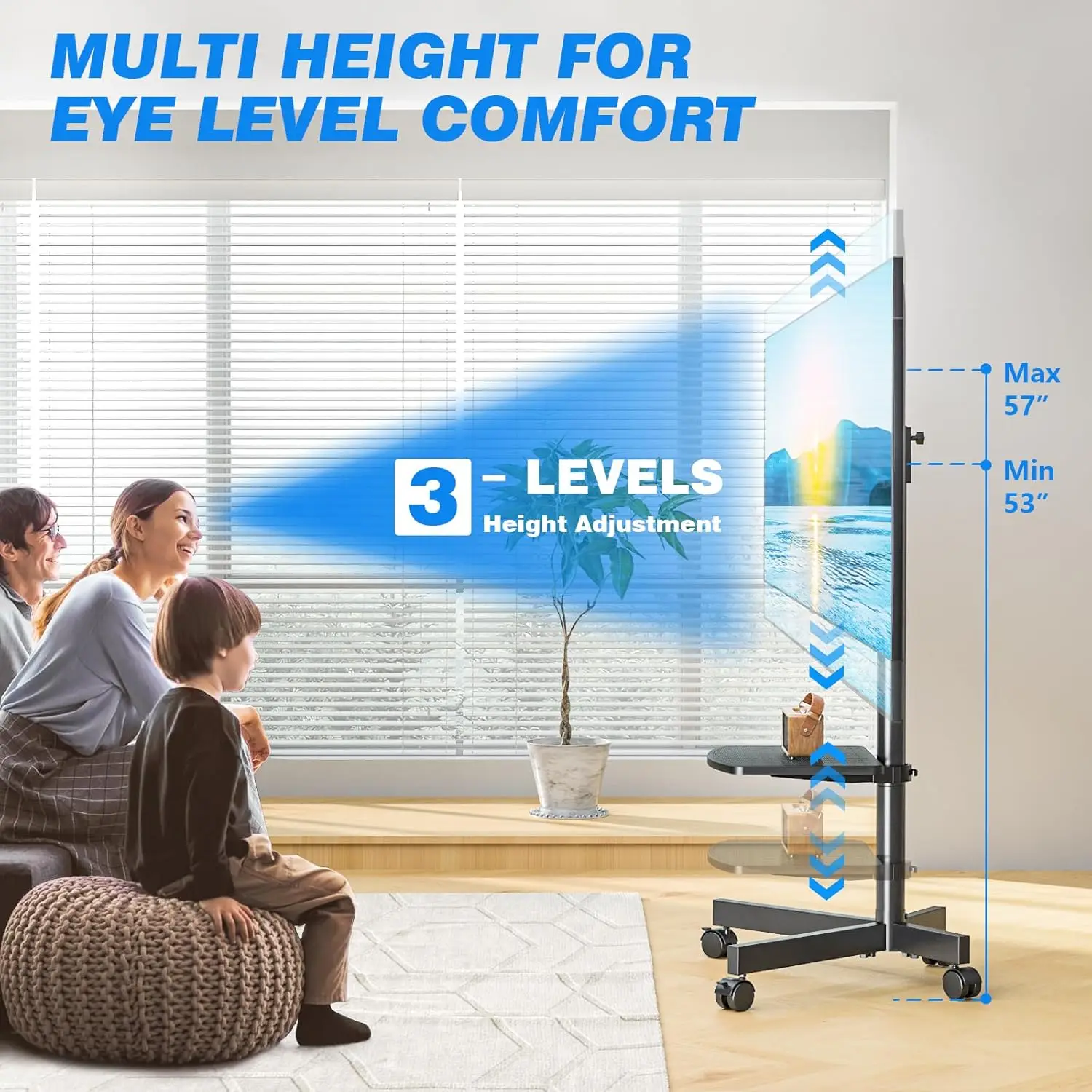 

Rfiver Strong Rolling Tv Stand With Shelf For 23-60 Inch Tvs Up To 88Lbs, Portable Mobile Tv Cart With Silent Wheel, Tilt &