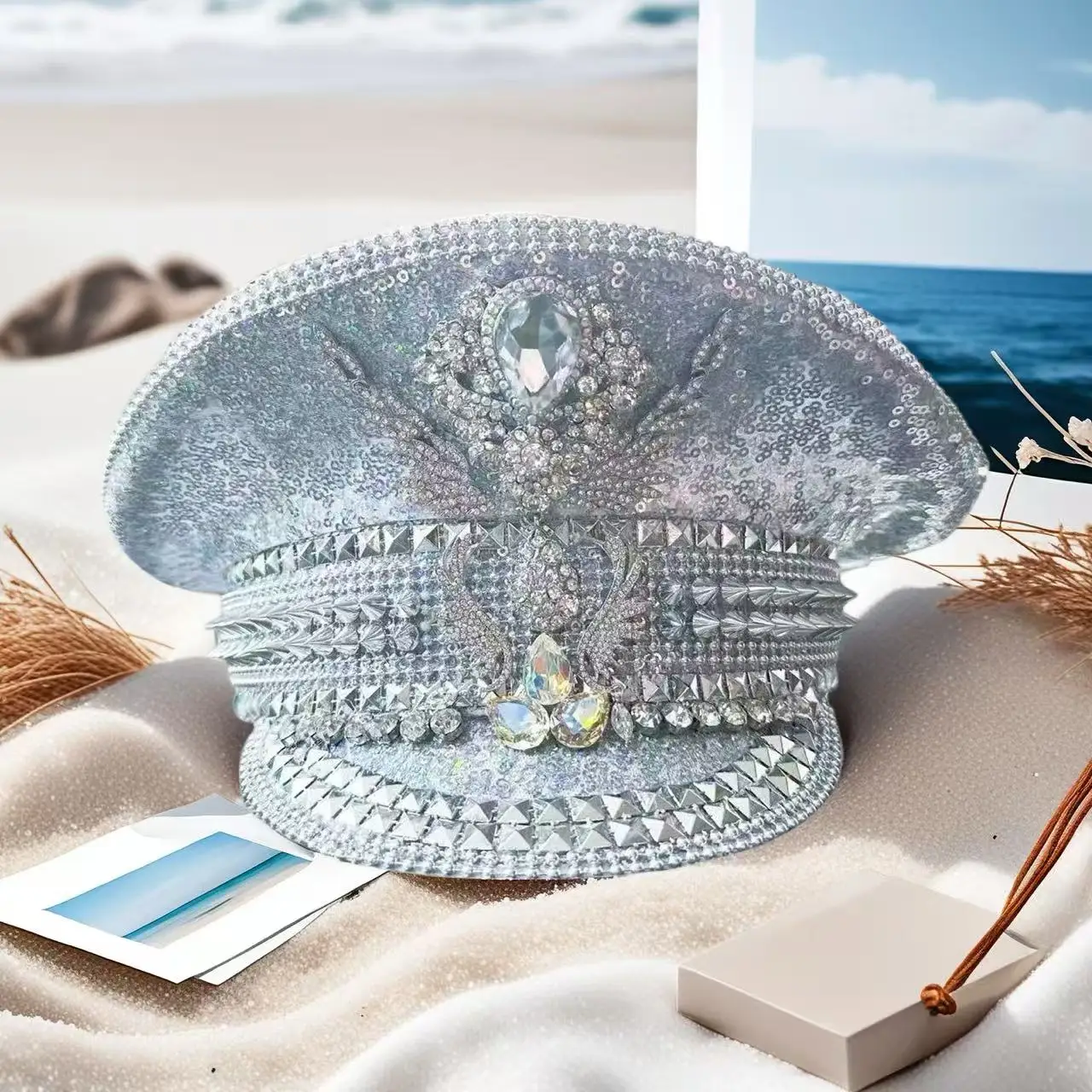 Hongluan prata capitão chapéus strass para homem ardente festival mulher, traje de halloween chapéu adulto, cosplay acessórios femininos