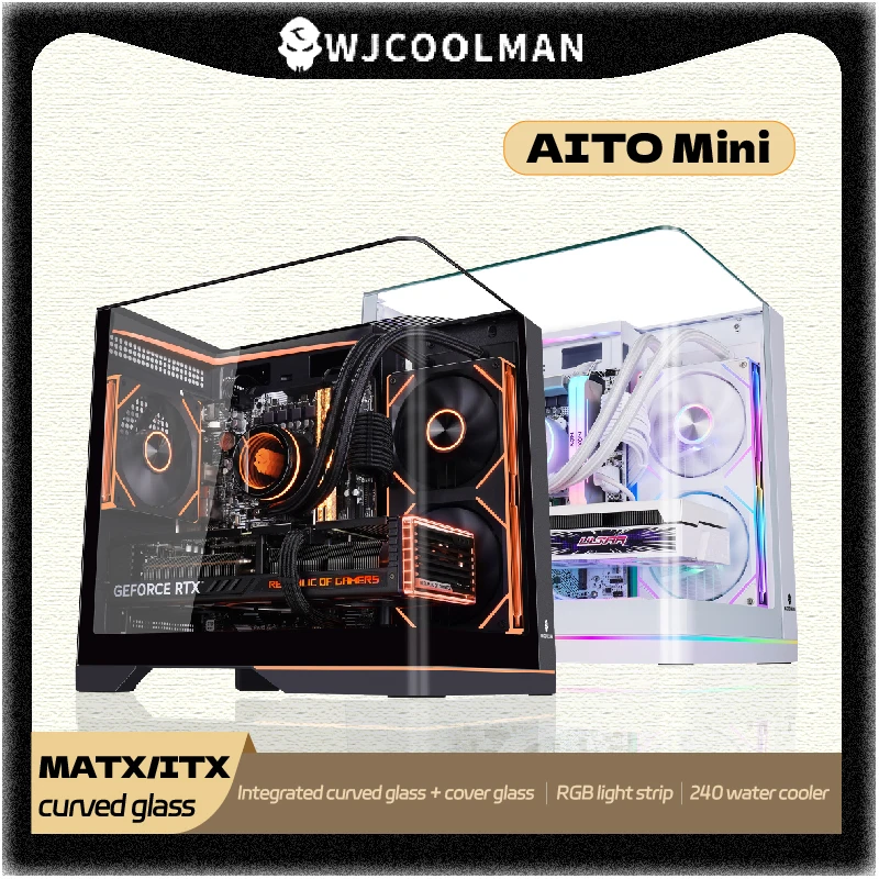 

Чехол для ПК WJCOOLMAN AITO Mini MATX, световая полоса RGB 240, охладитель для воды, встроенный изогнутый стеклянный корпус для компьютера