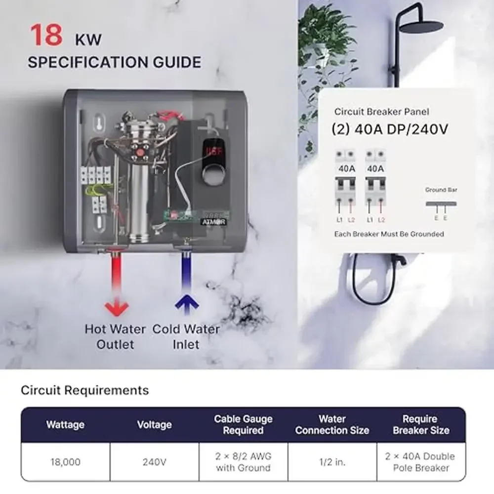 Tankless Water Heater 18kW Continuous Hot Water Residential & Commercial Use Saves 50% Energy