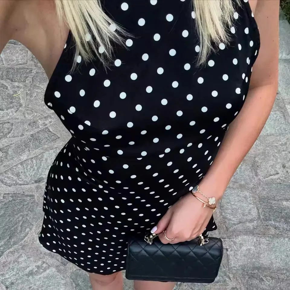 Sexy Neckholder-Kleid mit Polka-Dot-Print für Damen, elegantes Partykleid, schmal geschnitten, rückenfrei, ärmellos, Minikleid, Sommer-Urlaubsoutfits – Detail 11