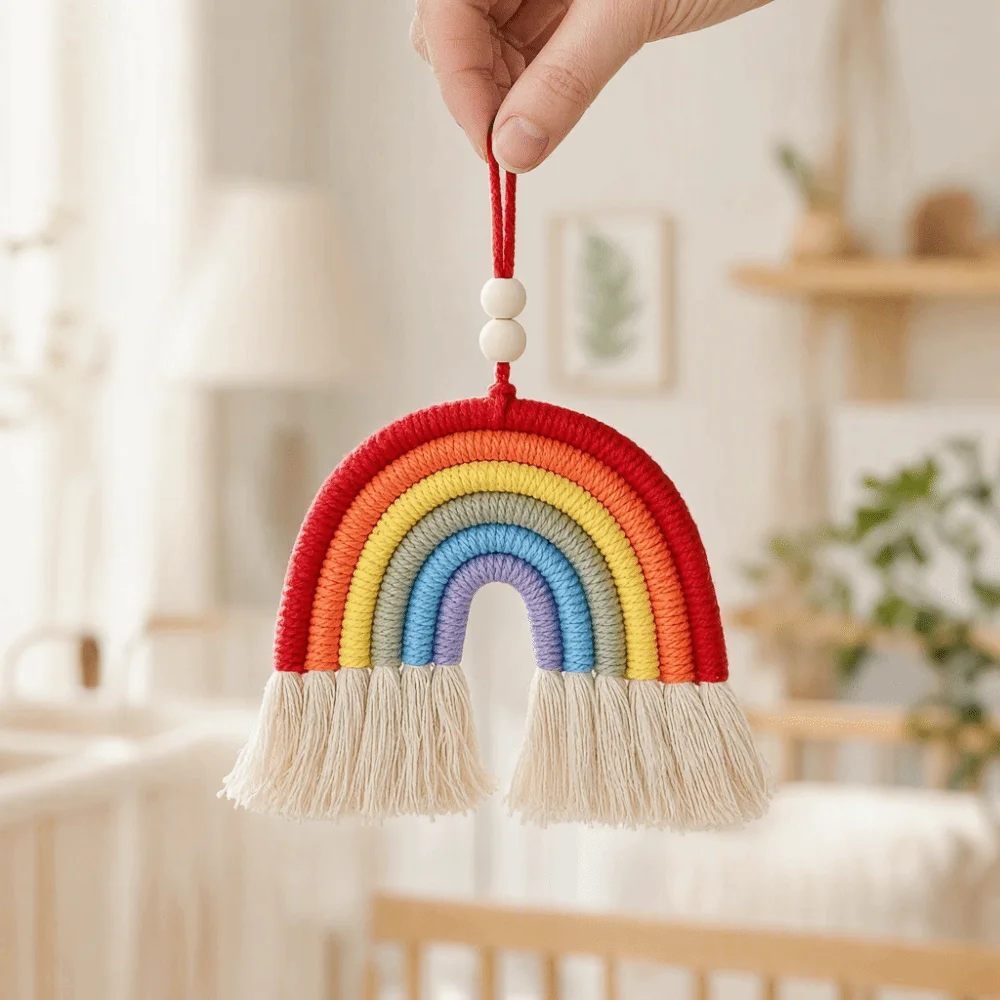 Hand Woven Wall Hanging Decor Rainbow 3.15x2.36in Car Pendant Decoration Cotton Rope Material Tassel Design