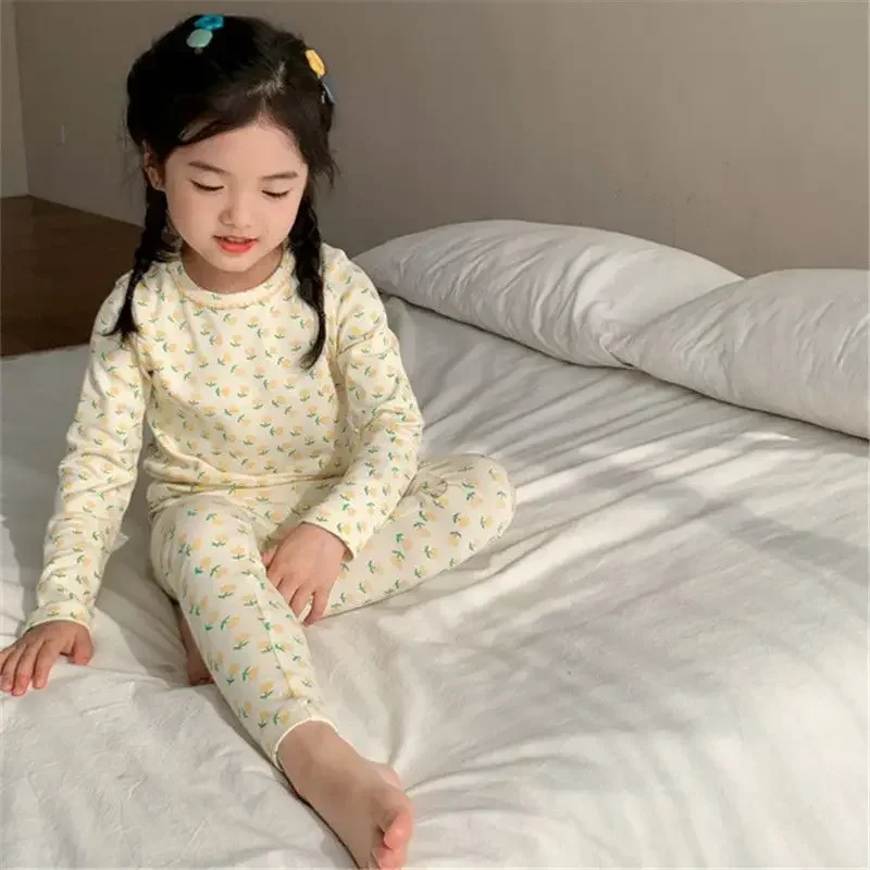 Children\'s Clothing Sets Floral Home Wear Long Sleeve Pajamas Velvet Suit Baby Girl Clothes Boy Clothes Children Thermal Pajamas