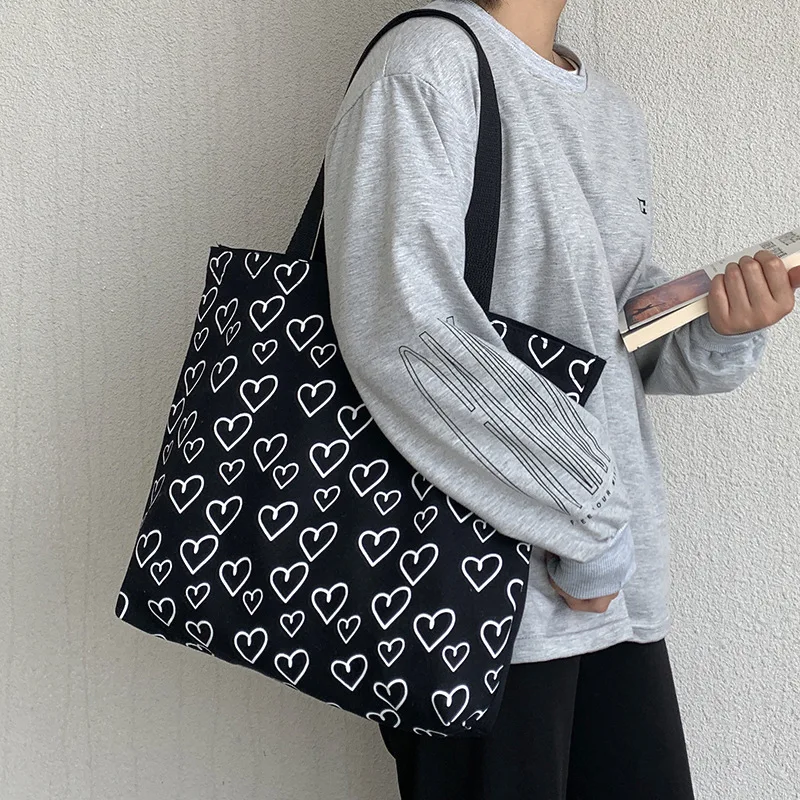 

Women Heart Canvas Shopping Love Heart Pattern Series Shoulder Bag Reusable Print Canvas Tote Bag