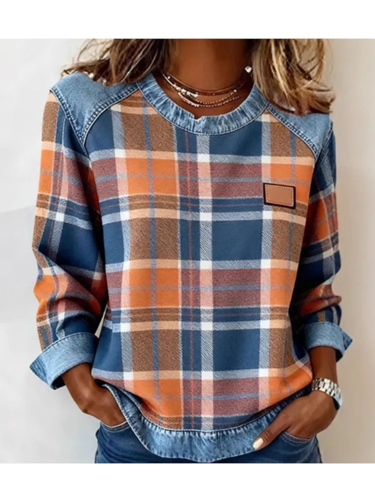 

Весенне-осенний свободный худи с клетчатым принтом, модный женский свитшот с круглым вырезом и цветовыми вставками, универсальный пуловер для офиса