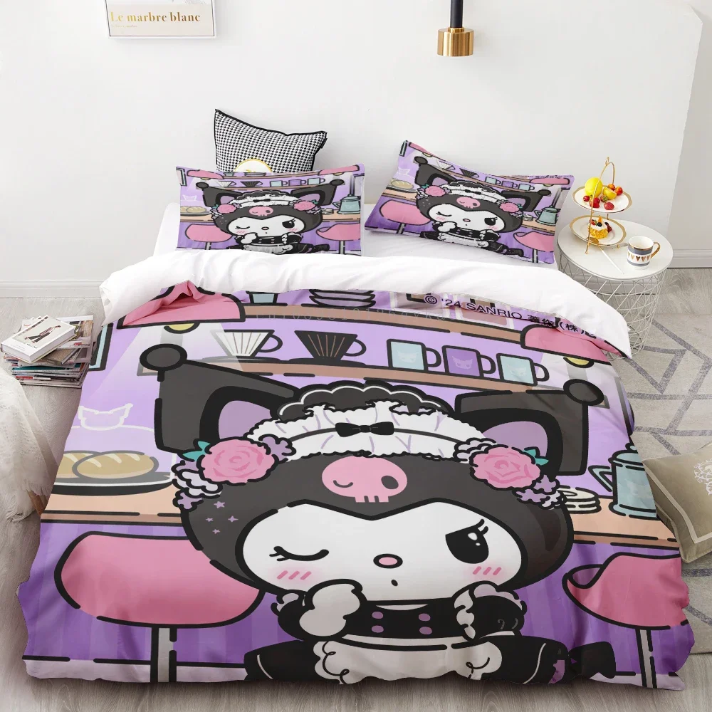 Funda nórdica Kuromi, juego de cama con estampado 3D, funda de edredón suave 100% de poliéster, tamaño Queen/simple/doble, decoración de habitación, regalo para niños y adolescentes