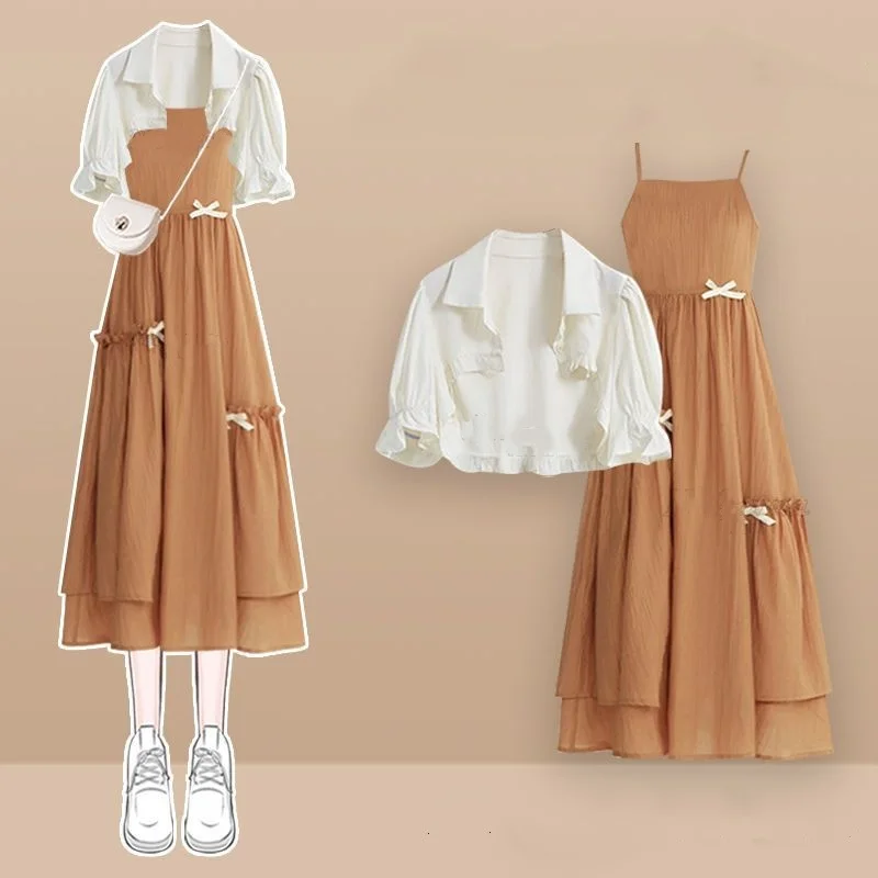 

Women's Summer Graceful Bowknot Sling Dress Short Shirts 1 or Two Piece Set 2025 New Lady Sweet Orange Dresses Tops Outfits