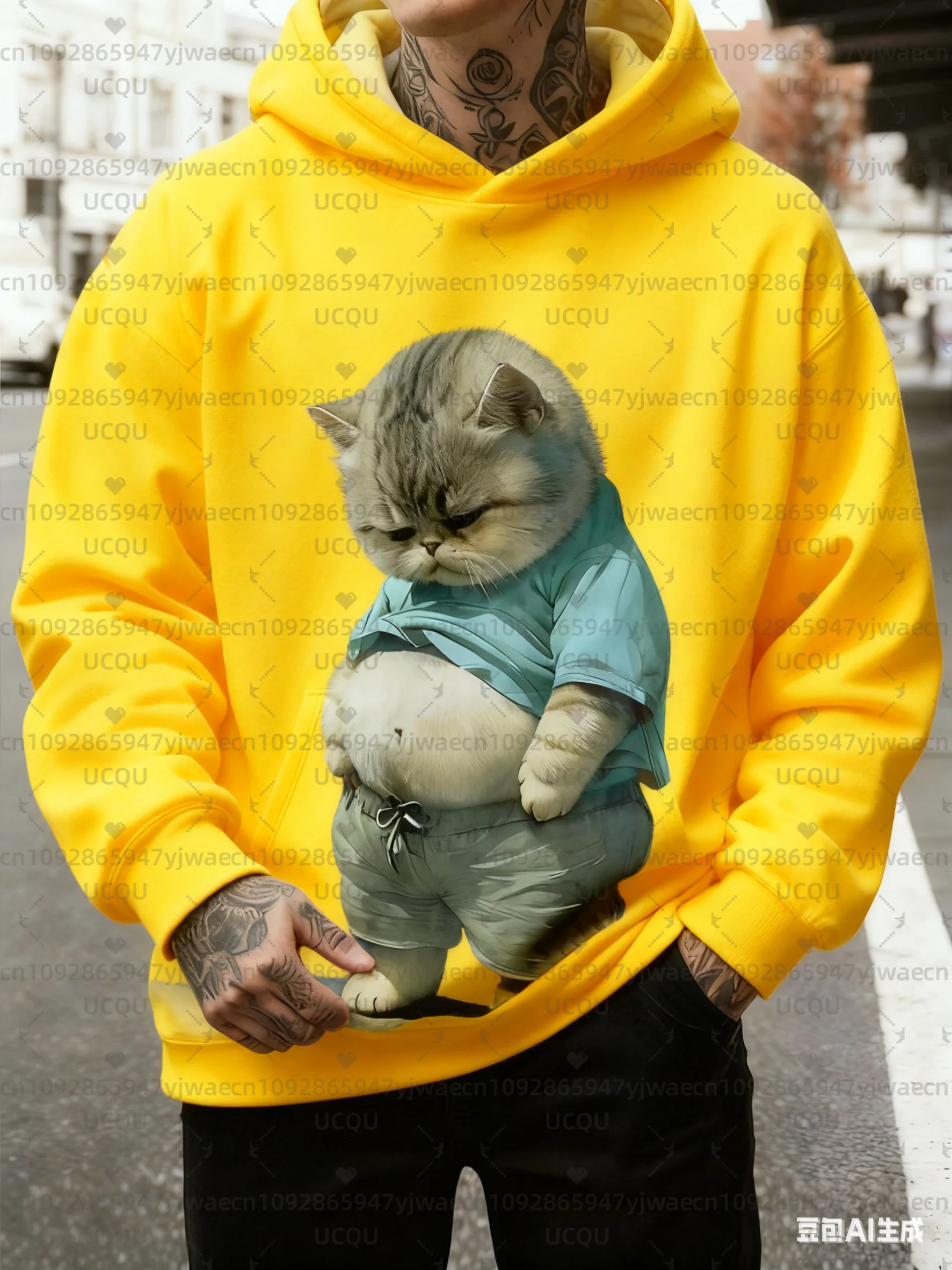 Men'S Funny Angry Cat Graphic Sweatshirt Black Casual Pullover Fall/Winter Outdoor Activities Women's Hoodies