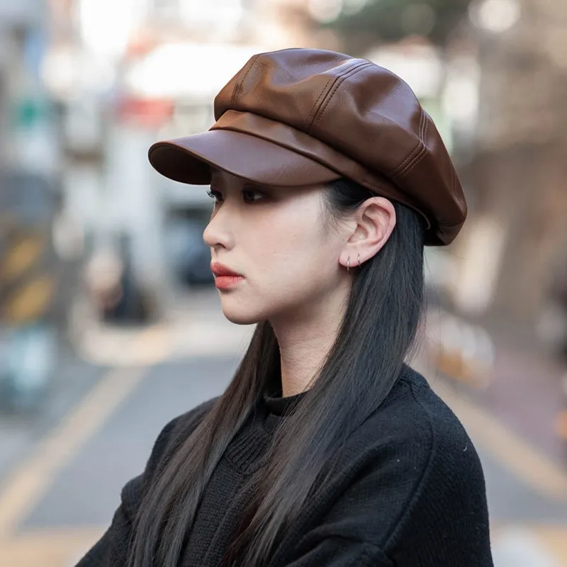 Fashion PU Leather Hats for Men Women Winter Warm Leather  Cap Female Korean Retro Octagonal Artist Painter Cabbie Beret