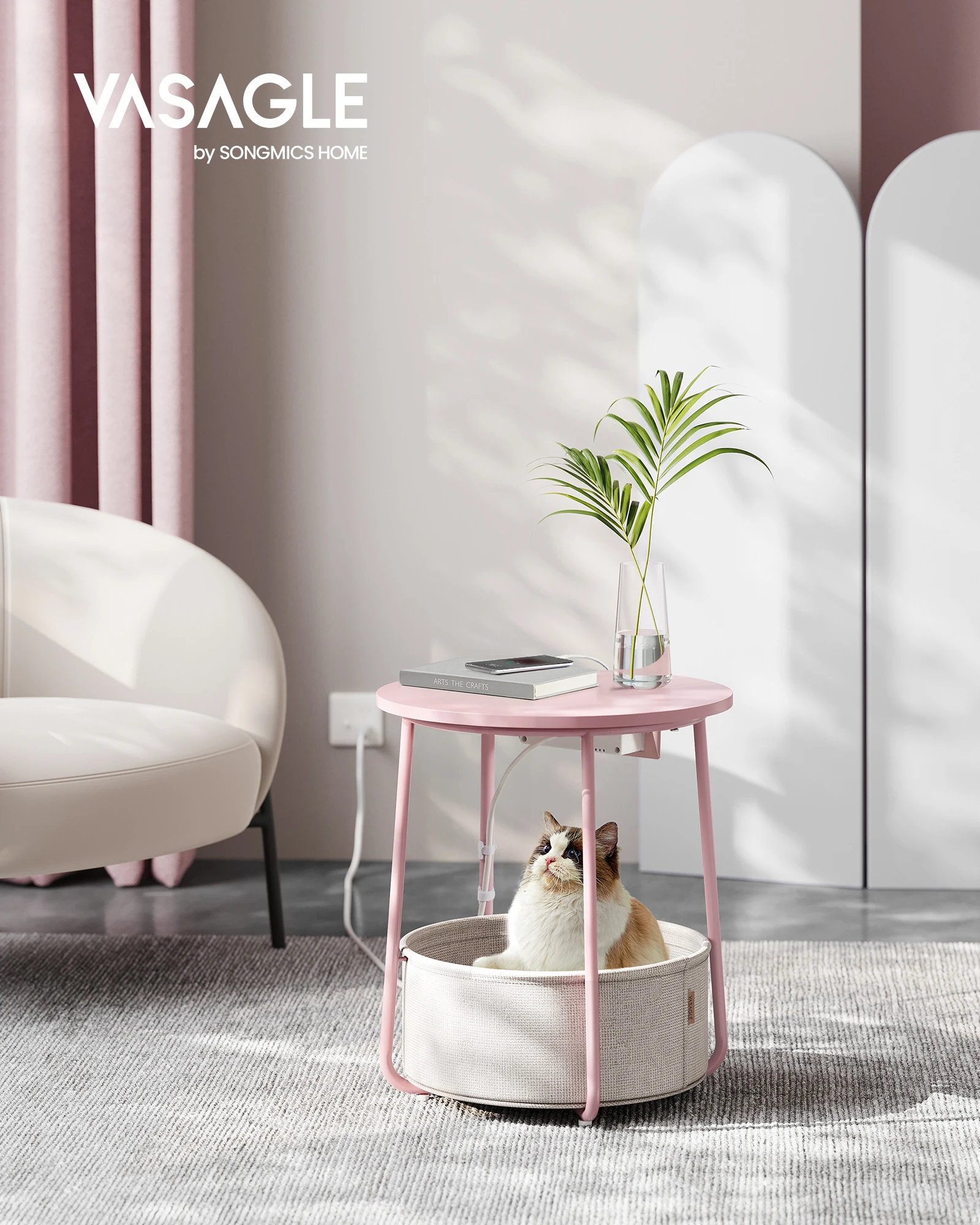 

VASAGLE Side Table with Charging Station, Round End Table With Fabric Basket, Nightstand with Power Outlets USB Ports