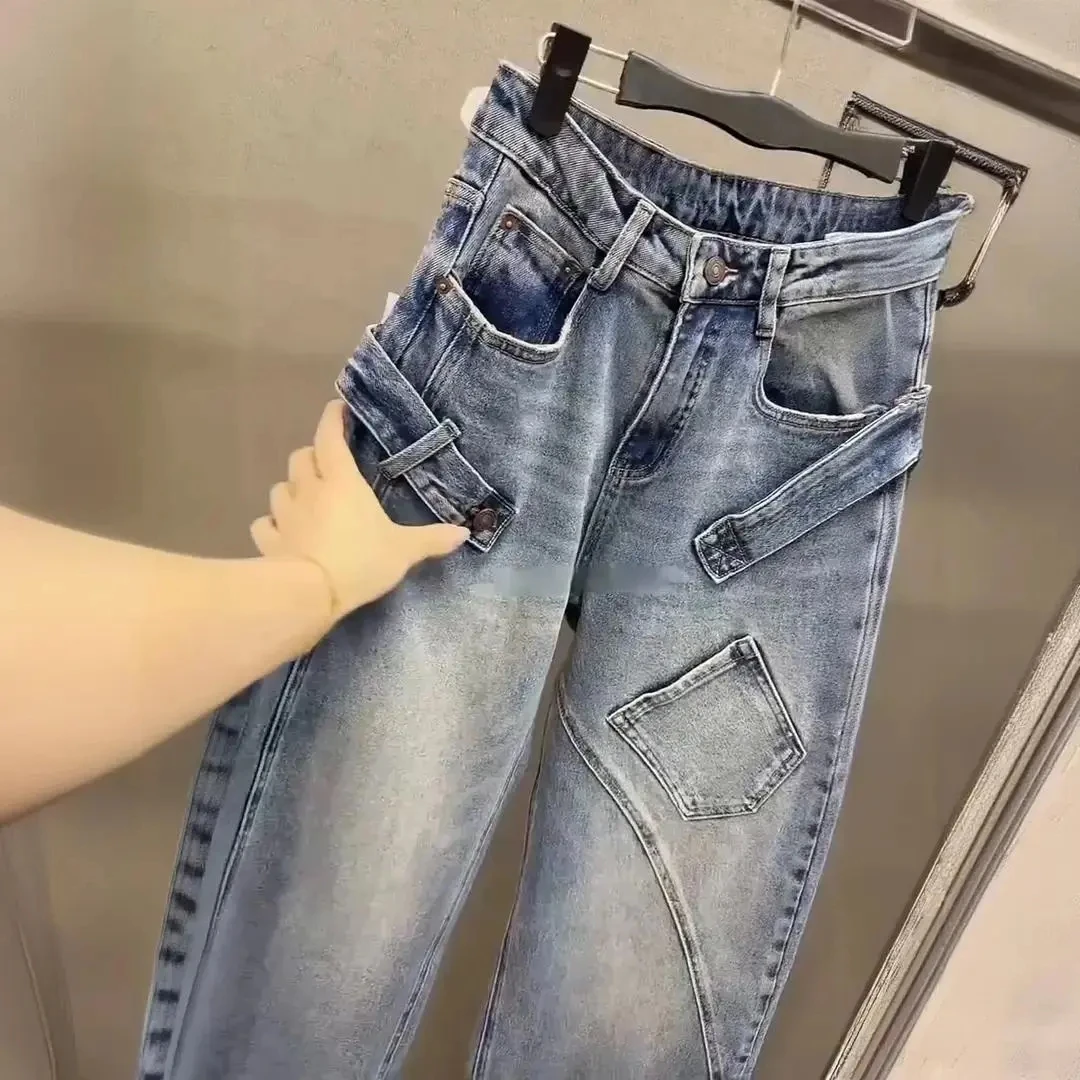 2026 Spring and Autumn Jeans Women's New Large Loose Jeans Personalized Pocket Solid Color Jeans Womam