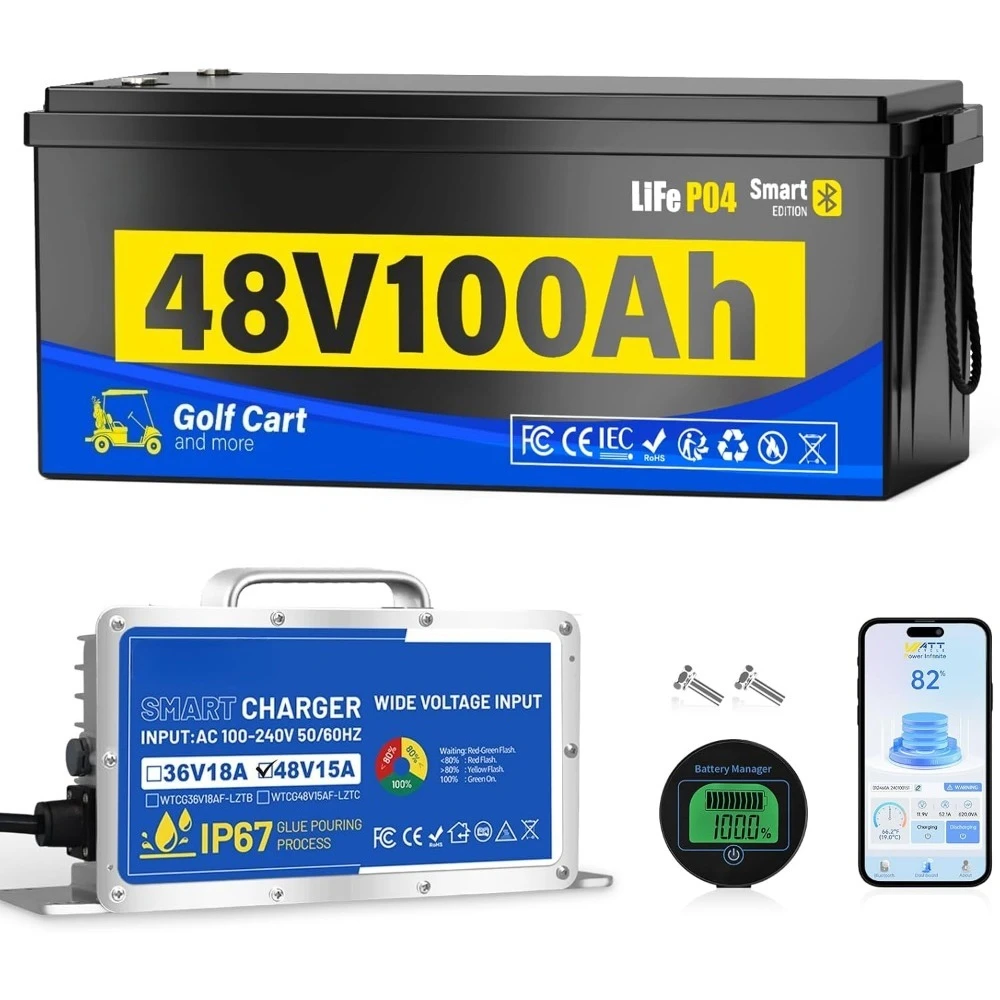 

48V 100Ah Lithium LiFePO4 Battery for Golf Cart with 48Volt 15A Charger, Lithium Deep Cycle Batterys with Bluetooth