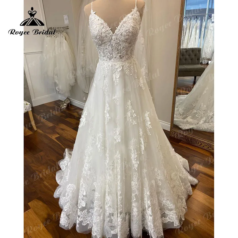 Appliques di pizzo con scollo A V senza spalline Boho A Line abito da sposa 2024 abiti da sposa Vintage da spiaggia abiti su misura De Fiesta