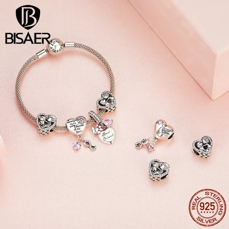 BISAER 925 Sterling Silver Cute Pet Paw Dog Charms Pink Crytal Heart Bead Fit Women DIY Bracelet & Necklace Family Fine Jewelry