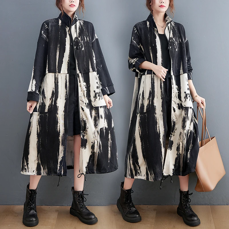 

Casual Faionable Mid-Length Women's Coat Spring Autumn plus Size Floral Print Versatile Leisure Sle Zipper Closure Long S...