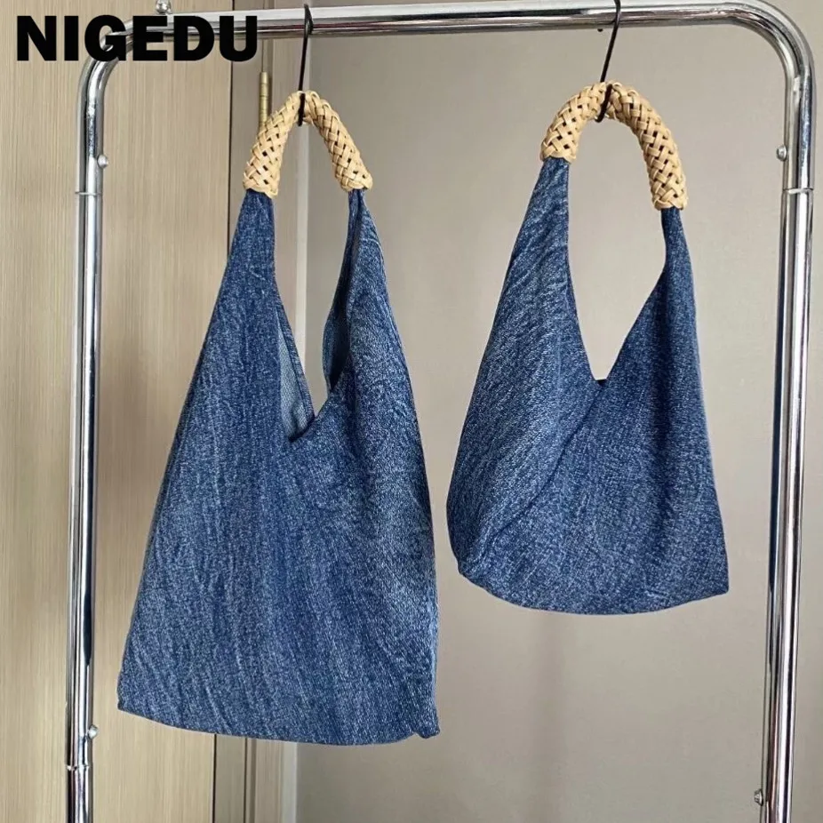 Large Capacity Shoulder Bags for Women Braid handle Handbags Denim Travel big totes ladies Hand Bag female Compound bag blue