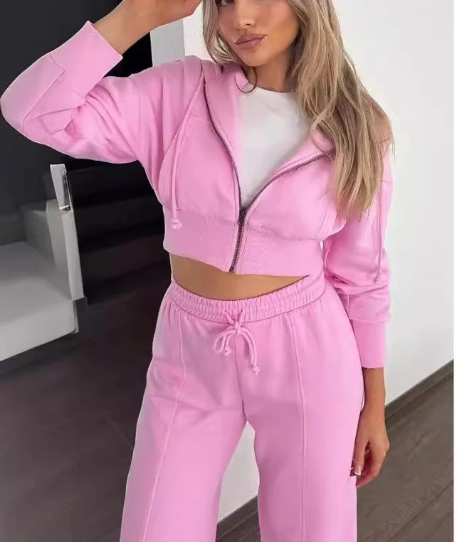 Spring Autumn Female Casual Hoodies Zipper Coats+Elastic Waist Baggy Pants 2 Pieces Set Elegant Loose Solid Pink Grey Pants